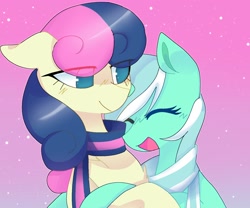 Size: 1670x1392 | Tagged: safe, artist:sillyp0ne, character:bon bon, character:lyra heartstrings, character:sweetie drops, species:earth pony, species:pony, species:unicorn, ship:lyrabon, g4, duo, duo female, eye clipping through hair, eyes closed, female, gradient background, lesbian, mare, open mouth, shipping, smiling