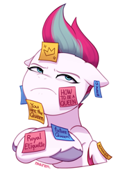 Size: 1889x2780 | Tagged: safe, artist:maren, character:zipp storm, species:pegasus, species:pony, g5, bust, colored hooves, crown, exclamation point, female, floppy ears, folded wings, frown, hooves, jewelry, mare, portrait, post-it, regalia, signature, simple background, solo, sparkles, text, unamused, unshorn fetlocks, white background, wings, zipp storm is not amused