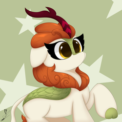 Size: 3000x3000 | Tagged: safe, artist:daftramms, character:autumn blaze, species:kirin, g4, abstract background, awwtumn blaze, cloven hooves, colored hooves, cute, fanart, female, green background, high res, hooves, raised hoof, simple background, solo, stars