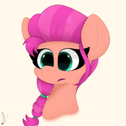 Size: 3000x3000 | Tagged: safe, artist:daftramms, character:sunny starscout, species:earth pony, species:pony, g5, my little pony: a new generation, braid, bust, cute, fanart, female, high res, mare, open mouth, signature, simple background, solo
