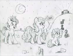 Size: 2000x1522 | Tagged: safe, artist:nedemai, species:earth pony, species:pony, species:unicorn, newbie artist training grounds, atg 2022, concert, moon, night, pencil drawing, scene, speaker, stars, traditional art