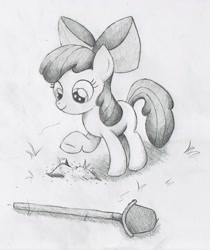 Size: 1680x2000 | Tagged: safe, artist:nedemai, character:apple bloom, species:earth pony, species:pony, newbie artist training grounds, g4, apple family member, atg 2022, bow, buried, female, filly, foal, hair bow, monochrome, pencil drawing, shovel, traditional art, young