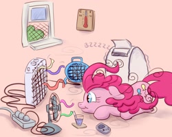 Size: 2000x1600 | Tagged: safe, artist:nedemai, character:pinkie pie, species:earth pony, species:pony, newbie artist training grounds, g4, atg 2022, fan, game boy, power bar, smiling, solo, summer, thermometer, window, windswept mane