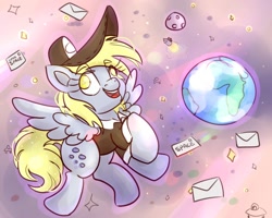 Size: 2000x1600 | Tagged: safe, artist:nedemai, character:derpy hooves, species:pegasus, species:pony, newbie artist training grounds, g4, atg 2022, female, mare, no pupils, open mouth, open smile, smiling, solo, space, zero gravity