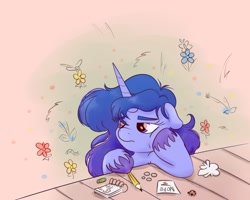 Size: 2000x1600 | Tagged: safe, artist:nedemai, oc, oc only, oc:nedi, species:pony, species:unicorn, newbie artist training grounds, atg 2022, floppy ears, flower, horn, insect, ladybug, leaning, notebook, pencil, solo
