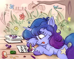 Size: 2000x1600 | Tagged: safe, artist:nedemai, oc, oc only, oc:nedi, species:pony, species:unicorn, newbie artist training grounds, atg 2022, butterfly, clock, drawing, female, flower, horn, insect, ladybug, mare, pencil, solo, tongue out, tree, unicorn oc, unshorn fetlocks