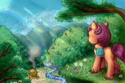Size: 2000x1333 | Tagged: safe, artist:nedemai, character:sunny starscout, species:earth pony, species:pony, newbie artist training grounds, g5, adventure, atg 2022, bag, butt, castle, female, flower, house, mare, plot, rainbow, river, saddle bag, scenery, solo, tree, twilight sparkle's cutie mark, water