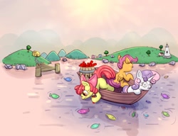 Size: 2000x1538 | Tagged: safe, artist:nedemai, character:apple bloom, character:scootaloo, character:sweetie belle, species:earth pony, species:pegasus, species:pony, species:unicorn, newbie artist training grounds, g4, apple family member, atg 2022, boat, cutie mark crusaders, dead, dynamite, explosives, female, filly, fish, fishing, foal, this will end in explosions, this will end in tears and/or death and/or covered in tree sap, tnt, trio, x eyes, young