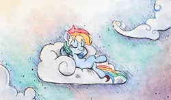 Size: 2000x1169 | Tagged: safe, artist:nedemai, character:rainbow dash, species:pegasus, species:pony, newbie artist training grounds, g4, atg 2022, cloud, female, ink, lying down, lying on a cloud, mare, on a cloud, painting, solo, traditional art, watercolor painting