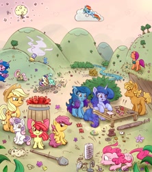 Size: 1778x2000 | Tagged: safe, artist:nedemai, character:apple bloom, character:applejack, character:bon bon, character:derpy hooves, character:fluttershy, character:izzy moonbow, character:lyra heartstrings, character:pinkie pie, character:rainbow dash, character:scootaloo, character:sunny starscout, character:sweetie belle, character:sweetie drops, character:trixie, oc, oc:nedi, species:bat pony, species:earth pony, species:pegasus, species:pony, species:unicorn, newbie artist training grounds, g4, g5, apple bloom's bow, apple family member, applejack's hat, atg 2022, bag, barrel, baseball bat, bench, blank flank, bow, bracelet, broken clock, bush, chrono trigger, clock, clothing, cloud, cooling off, cowboy hat, crashed rocket, creek, cutie mark crusaders, drawing, dynamite, explosives, extension cord, fan, fans, female, fence, filly, flower, foal, gear, gradient hair, hair bow, hat, hill, house, jewelry, keeping cool, looking at something, mare, moon, mountain, multicolored hair, plant, please tag the glowy thing by the ticket and tag it and replace this tag with that tag, relaxing, river, rock, rocket, saddle bag, screw, shovel, sitting, sky, smiling, standing, stars, stern, stetson, straw, stream, super nintendo, table, this will end in explosions, ticket, tree, ufo, wall of tags, water, water cup, weapon, young