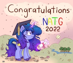 Size: 2000x1714 | Tagged: safe, artist:nedemai, oc, oc only, species:pony, species:unicorn, newbie artist training grounds, atg 2022, clothing, female, glowing, glowing horn, graduation, graduation cap, hat, horn, magic, mare, moon, smiling, solo, telekinesis