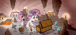 Size: 1998x930 | Tagged: safe, artist:nedemai, character:button mash, character:sweetie belle, species:pony, species:unicorn, newbie artist training grounds, g4, atg 2023, creeper, crossover, cutie mark, duo, gem, lava, minecraft, solo focus, sword, the cmc's cutie marks, treasure chest, video game, weapon
