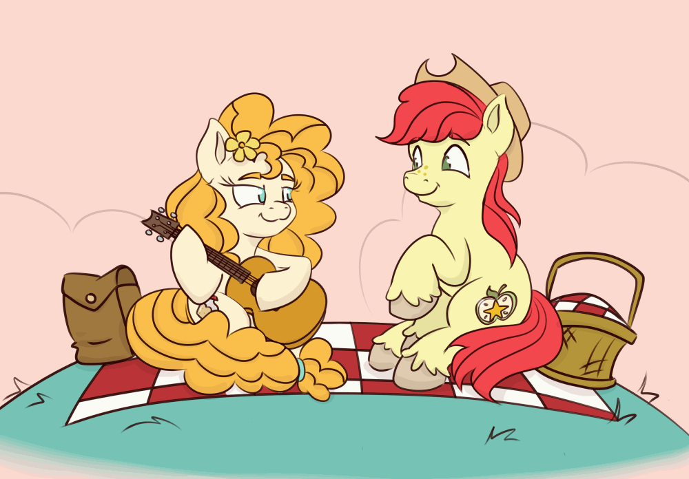 Size: 1000x696 | Tagged: safe, artist:nedemai, character:bright mac, character:pear butter, species:earth pony, species:pony, newbie artist training grounds, episode:the perfect pear, g4, my little pony: friendship is magic, animated, apple family member, atg 2023, basket, cute, dawwww, flower, flower in hair, gif, guitar, music notes, musical instrument, picnic, picnic basket, picnic blanket, wholesome