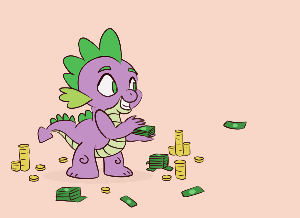 Size: 1000x728 | Tagged: safe, artist:nedemai, character:spike, species:dragon, newbie artist training grounds, g4, animated, atg 2023, gif, make it rain, male, money, smiling, solo