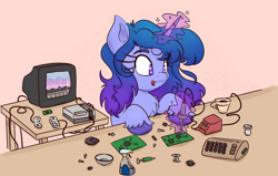 Size: 1000x635 | Tagged: safe, artist:nedemai, oc, oc only, species:pony, species:unicorn, newbie artist training grounds, atg 2023, chest fluff, coffee, coffee mug, commodore 64, controller, crossover, crt, drink, electronics, horn, magic, mega man, mega man (series), mug, nintendo, nintendo entertainment system, not izzy moonbow, soldering, soldering iron, solo, spray bottle, tongue out, unicorn oc, video game, windex