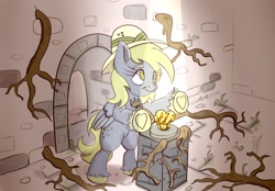 Size: 2000x1393 | Tagged: safe, artist:nedemai, character:derpy hooves, species:pegasus, species:pony, newbie artist training grounds, g4, atg 2023, bipedal, clothing, food, hat, hoof heart, indiana jones, muffin, pith helmet, roots, solo, that pony sure does love muffins, underhoof