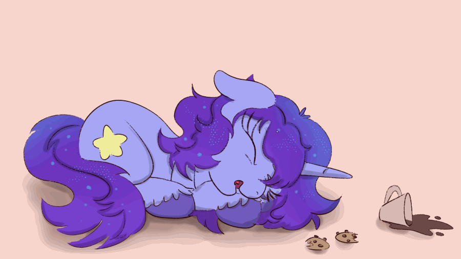 Size: 900x506 | Tagged: safe, artist:nedemai, oc, oc only, species:pony, species:unicorn, newbie artist training grounds, animated, atg 2023, coffee, cookie, cute, drink, food, gif, not izzy, sleeping, snoring, solo