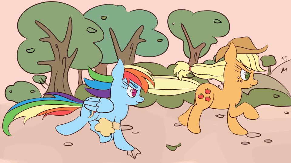 Size: 960x540 | Tagged: safe, artist:nedemai, character:applejack, character:rainbow dash, species:earth pony, species:pegasus, species:pony, newbie artist training grounds, episode:fall weather friends, g4, my little pony: friendship is magic, season 1, animated, apple family member, atg 2023, gif, racing