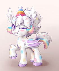 Size: 1580x1894 | Tagged: safe, artist:nedemai, oc, oc only, oc:confetti cupcake, species:bat pony, species:pony, bat pony oc, blushing, clothing, female, gradient background, hat, looking at you, mare, one eye closed, party hat, solo, unshorn fetlocks, wink, winking at you