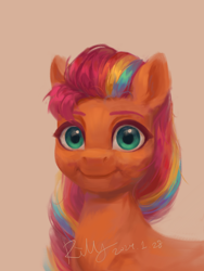 Size: 1536x2048 | Tagged: safe, artist:rily, derpibooru original, character:sunny starscout, species:earth pony, species:pony, g5, my little pony: make your mark, chinese, female, green eyes, looking at you, mane stripe sunny, multicolored hair, rainbow hair, simple background, smiling, smiling at you, solo, warm