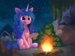 Size: 2048x1536 | Tagged: safe, artist:rily, derpibooru original, character:izzy moonbow, species:pony, species:unicorn, g5, my little pony: a new generation, campfire, cave, colored hooves, cute, female, fire, gradient hair, hoof heart, hooves, izzybetes, mare, multicolored hair, night, sitting, smiling, solo, stars, underhoof, unshorn fetlocks
