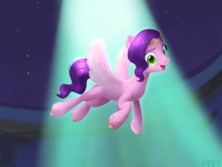 Size: 2309x1732 | Tagged: safe, artist:rily, character:pipp petals, species:pegasus, species:pony, g5, my little pony: a new generation, concert, female, glowin' up, green eyes, light, mare, night, open mouth, open smile, pink, pipp wings, princess, purple mane, singing, smiling, spread wings, wings