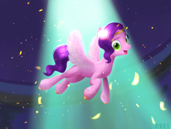 Size: 2309x1732 | Tagged: safe, alternate version, artist:rily, character:pipp petals, species:pegasus, species:pony, g5, my little pony: a new generation, concert, female, glowin' up, green eyes, growing up, light, mare, night, open mouth, open smile, pink, pink skin, pipp wings, princess, purple mane, sequence, singing, smiling, sparkling, spread wings, we got the light, wings