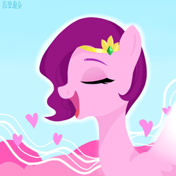 Size: 1936x1936 | Tagged: safe, artist:rily, character:pipp petals, species:pegasus, species:pony, g5, my little pony: a new generation, adorapipp, blue background, chinese, circlet, colored eyebrows, cute, eyebrows, eyes closed, female, heart, open mouth, pipp wings, princess, profile, signature, simple background, singing, smiling, spread wings, wings
