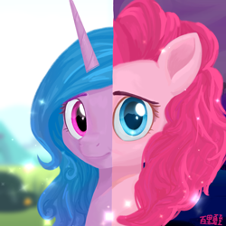 Size: 1080x1080 | Tagged: safe, artist:rily, character:izzy moonbow, character:pinkie pie, species:earth pony, species:pony, species:unicorn, g4, g5, bust, chinese, colored eyebrows, colored pupils, day, eyebrows, g4 to g5, generation leap, gradient hair, laughing, looking at you, multicolored hair, night, signature, smiling, stars, the new pinkie pie
