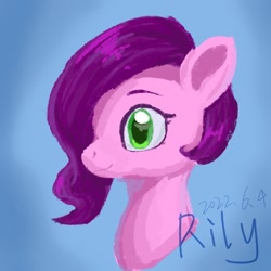 Size: 1080x1080 | Tagged: safe, artist:rily, derpibooru original, character:pipp petals, species:pegasus, species:pony, g5, my little pony: a new generation, blue background, bust, colored eyebrows, colored pupils, eyebrows, female, gradient background, mare, pipp wings, profile, signature, simple background, smiling, solo
