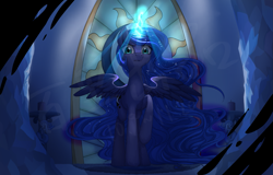 Size: 1825x1166 | Tagged: safe, artist:rily, character:nightmare moon, character:princess luna, species:alicorn, species:pony, species:unicorn, g4, angry, blue, castle, crystal, female, glowing horn, horn, looking at you, magic, magic aura, mare, night, spread wings, watermark, wings