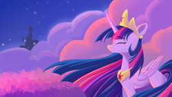 Size: 1080x607 | Tagged: safe, artist:rily, character:twilight sparkle, character:twilight sparkle (alicorn), species:alicorn, species:pony, episode:the last problem, g4, my little pony: friendship is magic, cloud, crown, crying, female, jewelry, mare, missing cutie mark, necklace, night, older, older twilight, peytral, princess twilight 2.0, profile, regalia, sad, slender, solo, thin, twilight's castle