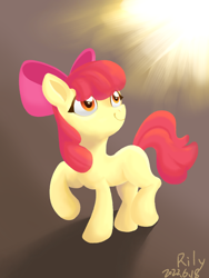 Size: 1080x1440 | Tagged: safe, artist:rily, derpibooru original, character:apple bloom, species:earth pony, species:pony, g4, adorabloom, apple family member, cute, female, filly, foal, looking up, raised hoof, signature, smiling, solo, sun, three quarter view, young