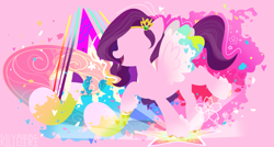Size: 2873x1539 | Tagged: safe, artist:rily, derpibooru original, character:pipp petals, species:pegasus, species:pony, g5, my little pony: a new generation, abstract background, chinese, circlet, colored hooves, female, hooves, lineless, pink background, pipp wings, princess, rainbow, shine, signature, silhouette, simple background, solo, spread wings, unshorn fetlocks, wallpaper, wings
