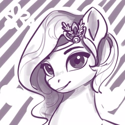 Size: 2048x2048 | Tagged: safe, artist:rily, character:pipp petals, species:pegasus, species:pony, g5, my little pony: a new generation, my little pony: make your mark, adorapipp, bust, circlet, crown, cute, eyebrows, female, heart, high res, jewelry, looking at you, mare, monochrome, pipp wings, regalia, simple background, smiling, smiling at you, solo, three quarter view