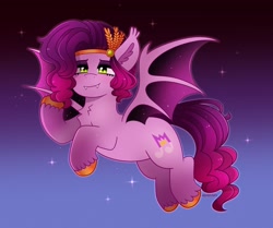 Size: 2444x2046 | Tagged: safe, artist:emera33, character:pipp petals, species:bat pony, species:pony, g5, adorapipp, bat pipp, bat ponified, bat wings, circlet, colored hooves, cute, fangs, female, flying, gradient background, high res, hooves, mare, race swap, sharp teeth, smiling, solo, spread wings, unshorn fetlocks, wings