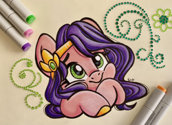 Size: 2866x2087 | Tagged: safe, artist:emberslament, character:pipp petals, species:pegasus, species:pony, g5, adorapipp, colored hooves, cute, dawwww, diadem, eyebrows, female, gold hooves, golden hooves, happy, high res, hooves, jewelry, mare, marker, marker drawing, pipp wings, regalia, signature, smiling, solo, traditional art