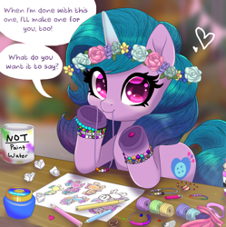 Size: 2893x2900 | Tagged: safe, artist:horsesrnaked, derpibooru original, screencap, character:izzy moonbow, species:pony, species:unicorn, g5, anime eyes, banner, beads, blue mane, blue tail, bracelet, candle, colored hooves, craft, crumpled paper, dialogue, eraser, female, floral head wreath, flower, friendship bracelet, frog (hoof), gradient hair, heart, holding, hoof heart, hooves, implied hitch trailblazer, implied misty brightdawn, implied pipp petals, implied sunny starscout, implied zipp storm, jar, jewelry, kuzco's poison, looking at you, mare, mouth hold, mug, multicolored hair, pen cap, pencil, pencil drawing, ribbon, rubber band, smiling, smiling at you, solo, string, table, tail, talking, talking to viewer, traditional art, underhoof, unshorn fetlocks