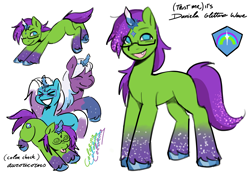Size: 4132x2919 | Tagged: safe, artist:daisy_marshmallow, derpibooru original, character:comet, character:violet frost, oc, oc:daniela glitter wave, species:auroricorn, species:pony, g5, auroricorn oc, coat markings, colored hooves, cometbetes, cute, female, glasses, high res, hooves, male, mare, ocbetes, reference sheet, sharp teeth, simple background, socks (coat marking), solo, stallion, teeth, text, unshorn fetlocks, violetbetes, white background