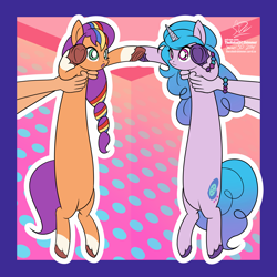 Size: 1920x1920 | Tagged: safe, artist:theratedrshimmer, character:izzy moonbow, character:sunny starscout, species:earth pony, species:pony, species:unicorn, g5, :3, abstract background, belly, coat markings, colored hooves, cute, equestria girls (g5), gradient hair, holding, holding a pony, hoof heart, hooves, izzybetes, long pony, longcat, meme, multicolored hair, no neck, offscreen character, passepartout, ponidox, ponified, ponified animal photo, ponified meme, self paradox, self ponidox, smiling, socks (coat marking), sunnybetes, underhoof, unshorn fetlocks, upside-down hoof heart, white pupils