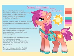 Size: 2595x1940 | Tagged: safe, artist:emera33, part of a set, character:sunny starscout, species:earth pony, species:pony, g5, alternate design, alternate hairstyle, alternate universe, bag, braid, coat markings, colored hooves, cute, female, hair over one eye, hooves, lesbian pride flag, looking at you, mare, multicolored hair, nonbinary pride flag, pride, pride flag, reference sheet, satchel, socks (coat marking), sunny's bag, sunnybetes, text, unshorn fetlocks