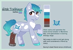 Size: 2578x1778 | Tagged: safe, artist:emera33, part of a set, character:hitch trailblazer, species:earth pony, species:pony, g5, alternate design, alternate hairstyle, alternate universe, coat markings, colored hooves, cute, gradient background, hitchbetes, hooves, looking at you, multicolored hair, prosthetic leg, prosthetic limb, prosthetics, raised hoof, reference sheet, satchel, socks (coat marking), text, unshorn fetlocks