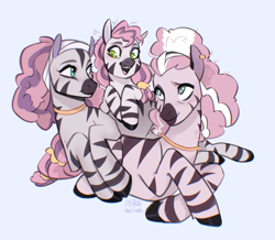 Size: 2409x2099 | Tagged: safe, artist:peachmichea, character:mariama, character:skye, species:pony, species:zebra, g5, blushing, braces, commission, cuddle puddle, cuddling, daughter, ear piercing, earring, female, filly, foal, grandmother and grandchild, grandmother and granddaughter, jewelry, looking at each other, looking at someone, lying down, mare, mariama's mother, mother, mother and child, mother and daughter, neck rings, on side, open mouth, open smile, parent and child, piercing, pony pile, prone, signature, simple background, smiling, tail, trio, trio female, young