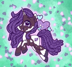Size: 2048x1894 | Tagged: safe, artist:sophillia, idw, character:violette rainbow, species:pony, species:unicorn, g5, spoiler:comic, spoiler:g5comic14, cute, cutie mark, dreadlocks, female, filly, foal, hair over one eye, heart, heart background, heart eyes, horn, looking at you, mottled coat, open mouth, open smile, smiling, solo, tail, unshorn fetlocks, violettebetes, vitiligo, wingding eyes, young