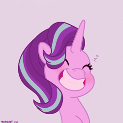 Size: 2480x2480 | Tagged: safe, artist:starburstuwu, character:starlight glimmer, species:pony, species:unicorn, episode:memnagerie, g4, spoiler:memnagerie, ^^, big grin, cute, eyes closed, female, glimmerbetes, grin, mare, signature, simple background, smiling, solo