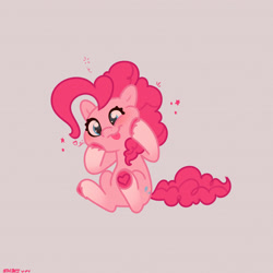 Size: 2480x2480 | Tagged: safe, artist:starburstuwu, character:pinkie pie, species:earth pony, species:pony, g4, g5, coat markings, cute, derp, diapinkes, female, floating heart, g4 to g5, generation leap, gray background, heart, high res, hoof heart, hoof on cheek, mare, signature, simple background, sitting, socks (coat marking), solo, squishy cheeks, stars, tongue out, underhoof, unshorn fetlocks