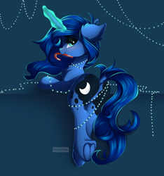 Size: 5320x5680 | Tagged: safe, artist:natanvok, character:princess luna, species:pony, species:unicorn, g4, absurd resolution, blushing, butt, candy, candy cane, chest fluff, christmas, cute, dock, ear fluff, eyebrows, eyebrows visible through hair, featureless crotch, female, food, frog (hoof), glowing horn, holding, holiday, hooves, horn, leg fluff, looking at you, looking back, looking back at you, lunabetes, magic, magic aura, mare, mouth hold, plot, smiling, smiling at you, solo, string lights, tail, underhoof, unicorn luna, wingless