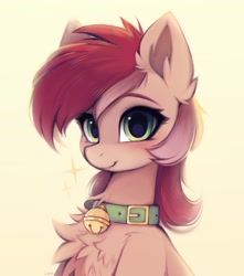 Size: 1810x2048 | Tagged: safe, artist:lerkfruitbat, character:roseluck, species:earth pony, species:pony, g4, bell, bell collar, blushing, chest fluff, collar, cute, ear fluff, female, looking at you, mare, rosabetes, rosepet, smiling, smiling at you, solo, sparkles
