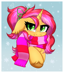 Size: 3353x3843 | Tagged: safe, artist:confetticakez, oc, oc only, oc:strawberry filling (thempc), species:bat pony, species:pony, species:unicorn, bat pony hybrid, bow, clothing, cute, ears back, fangs, female, freckles, gift art, gradient background, heart, looking at you, mare, ocbetes, ponytail, scarf, sharp teeth, simple background, snow, snowflake, yakutian horse, ych result