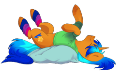 Size: 700x444 | Tagged: safe, artist:lissa_bee, oc, oc only, oc:solar wave, species:pony, species:unicorn, clothing, cute, hoodie, hooves, leg warmers, pillow, pride, pride flag, sleeping, smiling